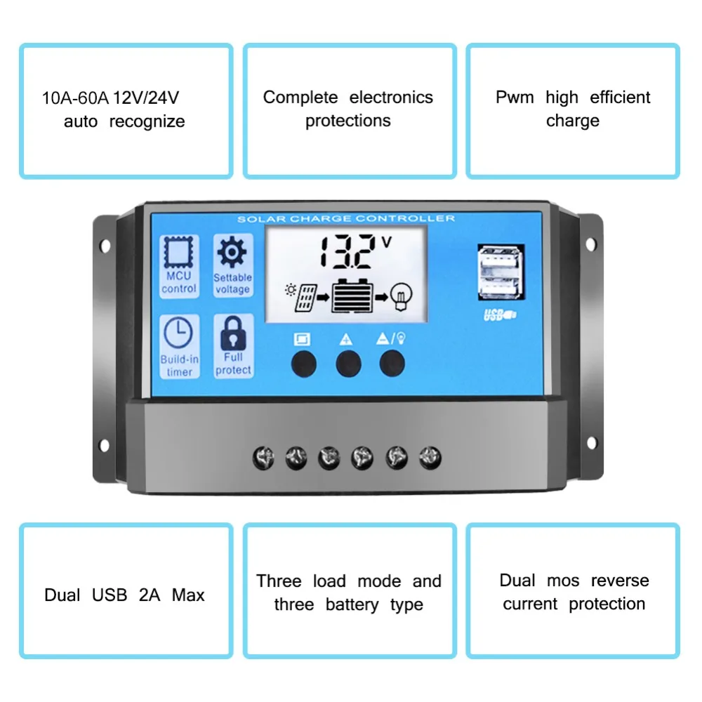 

10A/20A/30A/40A/50A/60A 12V 24V Auto Solar Charge Controller PWM Controllers LCD Dual USB 5V Output Solar Panel PV Regulator