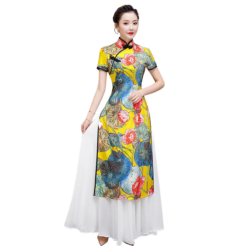 Белый плюс размер 4XL 5XL Китайский традиционный Женский Aodai цветочный принт Qipao винтажный Чонсам Новинка китайское торжественное платье