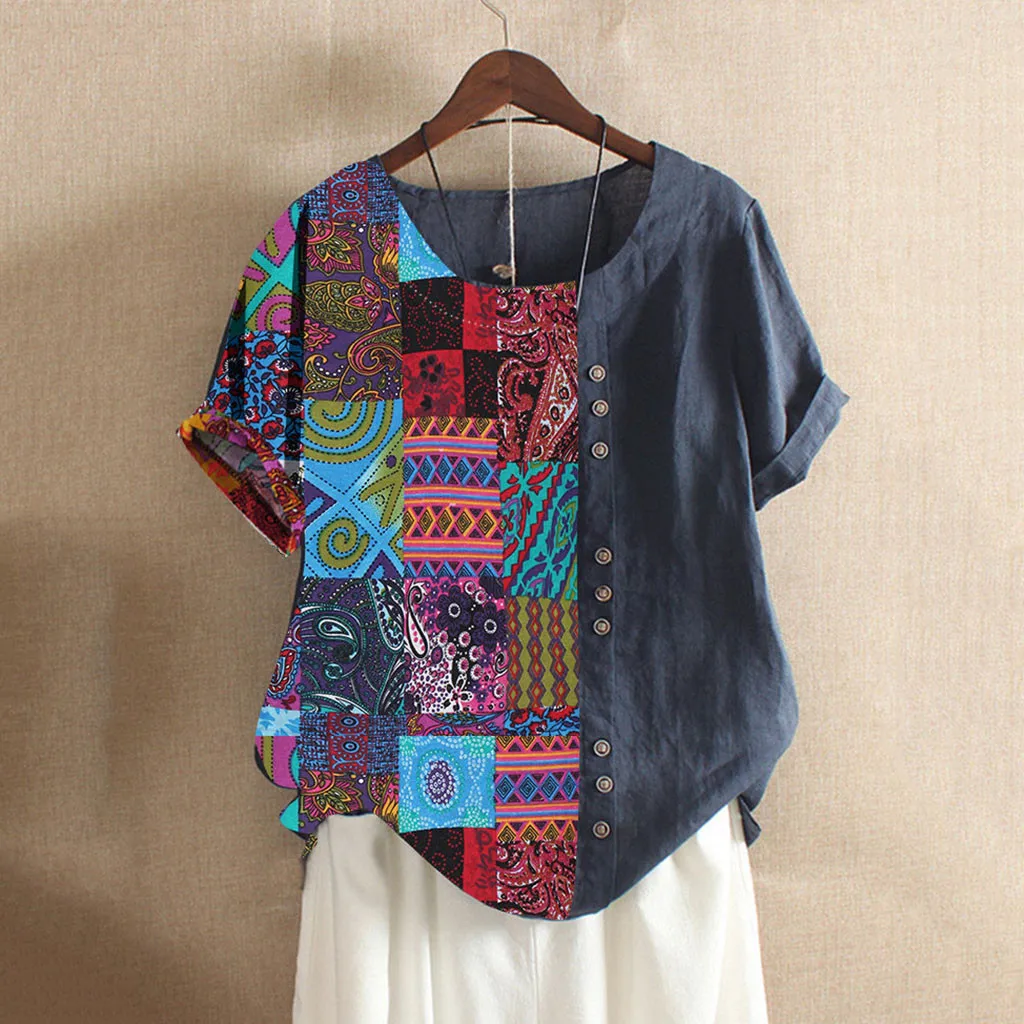 

2019 Plus Size O Neck Print Blouse Women Short Sleeve Loose Shirt Summer Button Casual Womens Tops And Blouses