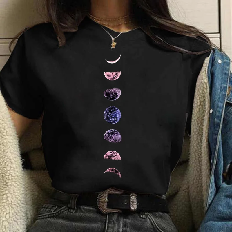 Maycaur New Funny Moon Print T Shirt Women White and Black Shirts Fashion Round Neck Short Sleeve T-Shirt Summer Tees Casual Top