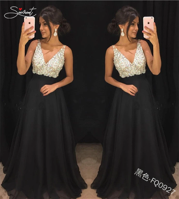 

SERMENT Elegant Chiffon Sequin Evening Dress Deep V Sexy Backless Dress Suitable for Formal Banquet Ball