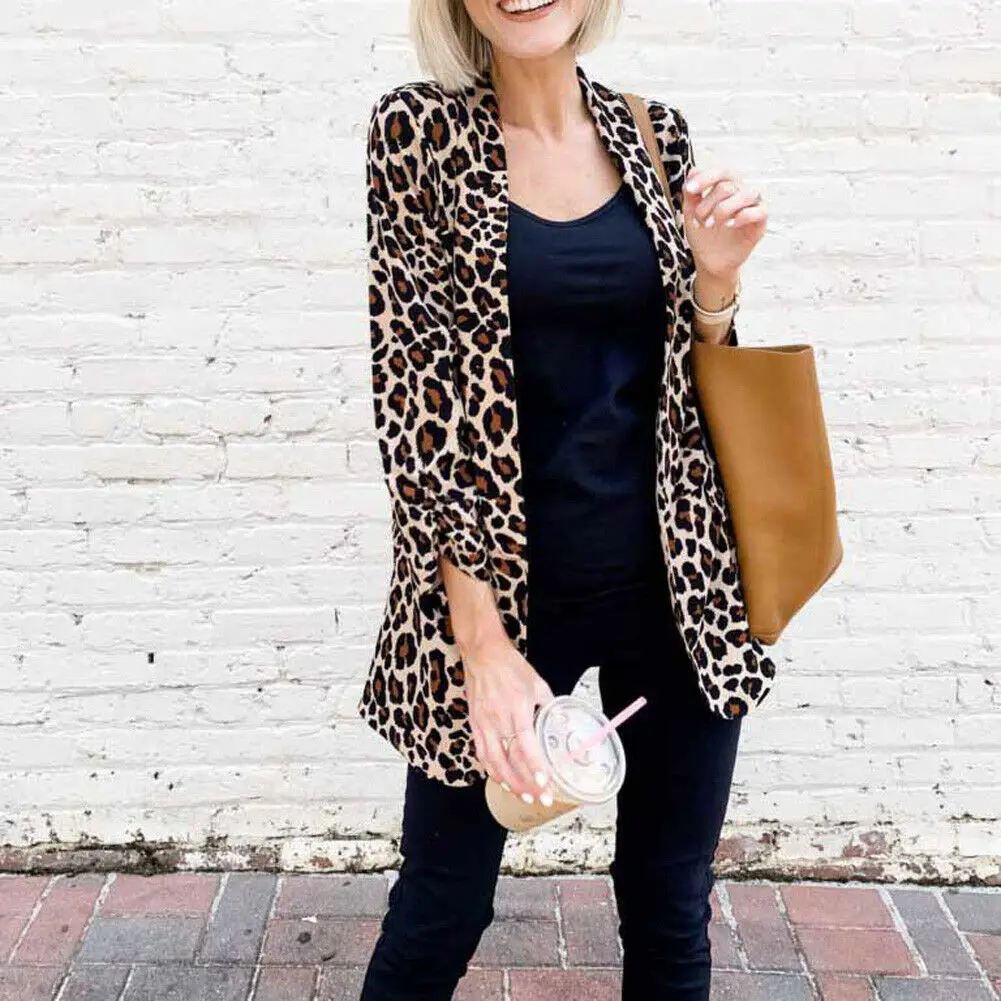 Overcoat open stitch Women Casual Lapel Fit Cardigan Style Suit Jacket Work Coat Leopard | Женская одежда