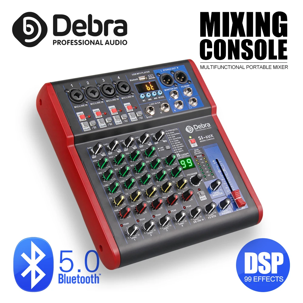 Debra Pro 6 Channel DJ Controlle with 99DSP Reverb effect Bluetooth 5.0 USB Mixer USB for karaoke PC recording condenser mic