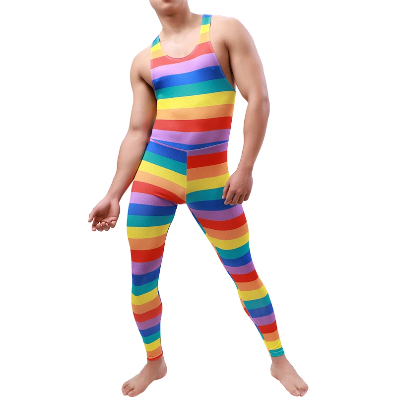 Men Undershirt Leotard Sleeveless Rainbow Printed Jumpsuit Tight Leggings Underwear Bodysuit Wrestling Singlet Rompers Nightwear