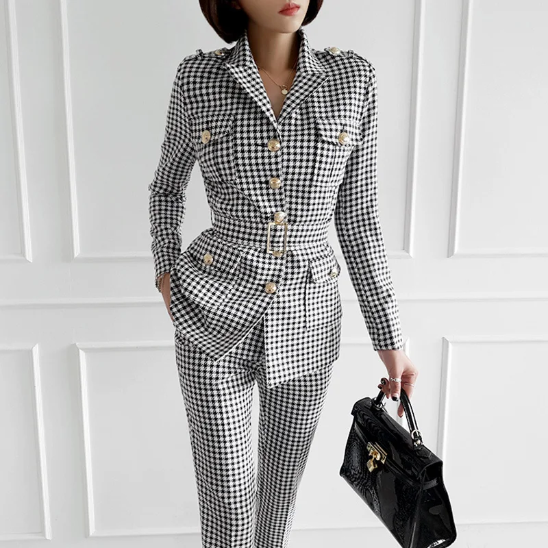 

2019 autumn winter Business Women two piece set Long-sleeved Plaid Blazer and Pant Office Lady suits ensemble femme conjunto