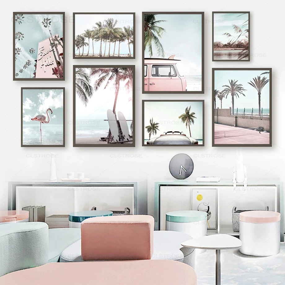 

Noridc Seascape Poster Pink Flamingo Car Green Palm Tree Sea Beach Canvas Painting Home Decoraion Wall Pictures for Living Room