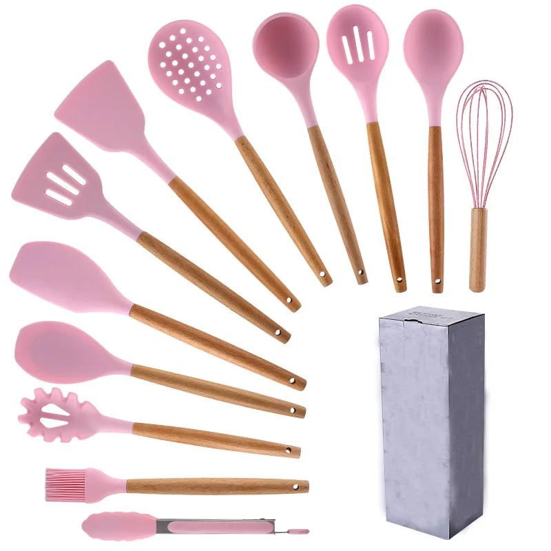 C Wooden Handle Silica Gel Kitchen Ware 12 Pieces European Style Non-stick Pot Shovel Kitchen Tools Bakery Suit