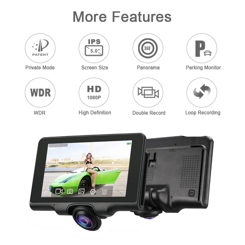 SUNWAYI 2020 Hot Sale Dual Record 360 5 inch 1080P Car Dash Cam DVR carblackbox PI50  for Car Parking Monitor Panorama Record