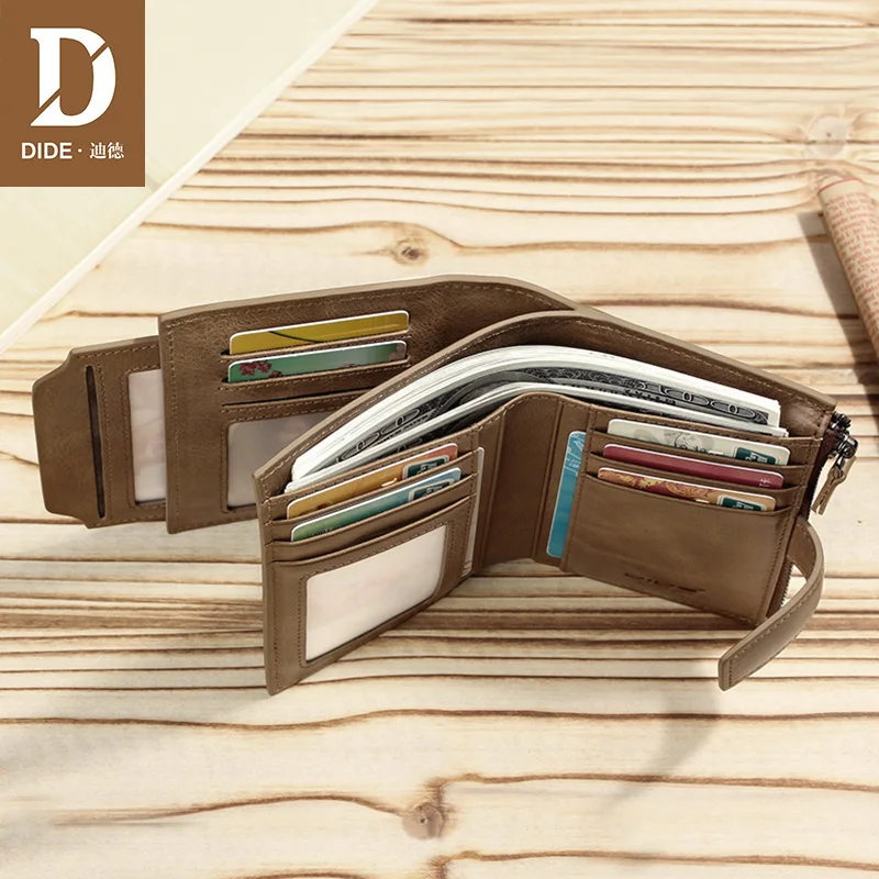 Online DIDE monederos para hombre, carteras de cuero genuino, marca masculina, Vintage, Mini pequeña, con cremallera, monedero corto, tarjetero, caja de regalo fina