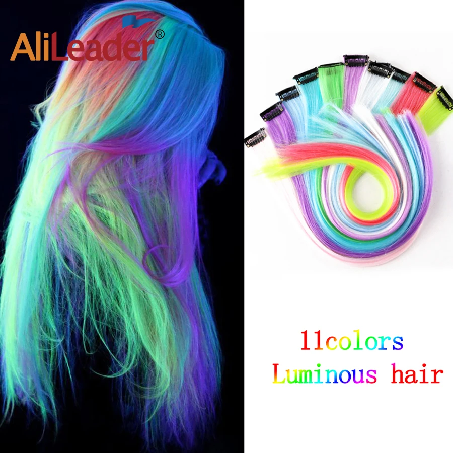 Grampo de Incandescência do Cabelo na Escuridão Alileader Unidades Pacote 20 Polegadas um Sintético Arco-íris Cor Pura Brilhante Cabelo Extesionn 11 –