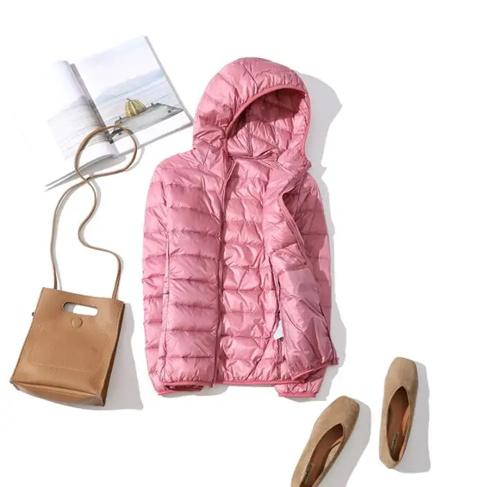 Pink Hooded Зимний женский ультра легкий пуховик 90% белый пуховик с капюшоном куртка с длинным рукавом теплое пальто парка Женская Однотонная легкая одежда - Цвет: Pink Hooded