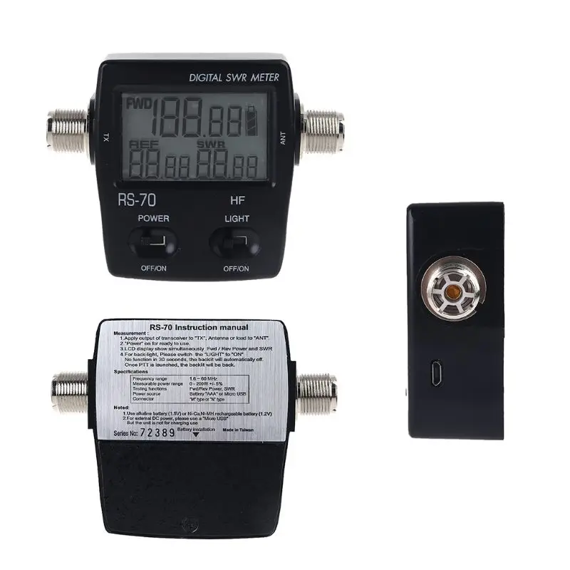 T3EE NISSEI RS-70 Digital SWR Power Meter Counter with LED Display Backlight Micro USB-DC 5V Output 1.6-60MHz 200W M Type for 2 | Мобильные