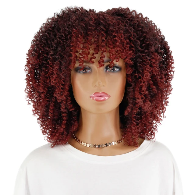 LINGHANG Short Hair Afro Kinky Curly Wigs With Bangs For Black Women African Synthetic Omber Glueless Cosplay Wigs Gradient Hair T1B/613