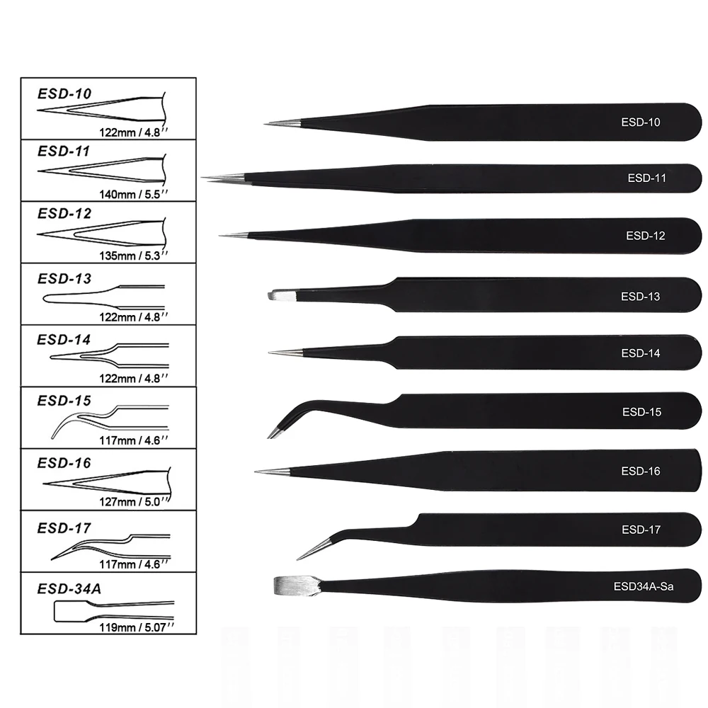 

9 Types Anti-static ESD Stainless Steel Tweezers Maintenance Tools Industrial Precision Curved Straight Tweezers Repair Tools