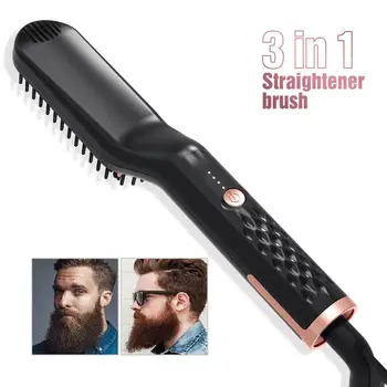 

3 in 1 Hair Straightener Brush Anti Static Ceramic Heating Detangling Faster Straightening Beard Comb For Man Beard Straightener