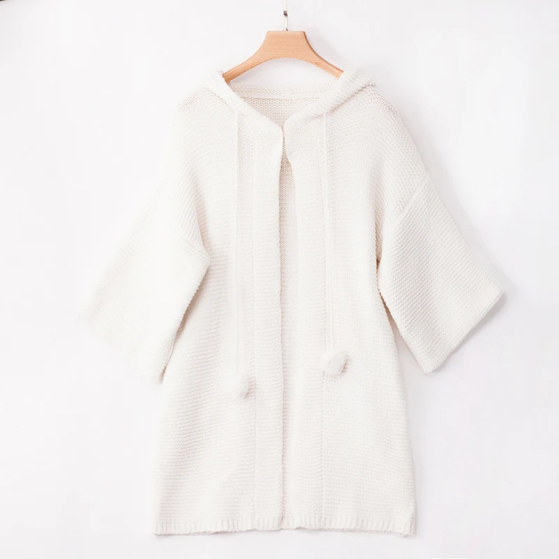 Fashion Women Knitted Cardigan Long Hooded Sweaters Batwing Sleeves Balls Decoration Solid Pocket Casual Knitting Coat Knitwear - Цвет: Белый