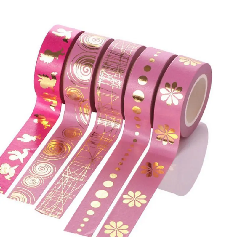

5 Rolls 15mm x 10m DIY Adhesive Washi Gold Stamping Style for Scrapbooking Tapes, Pink 2