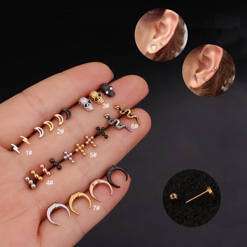 Fashion 1pc Cz Moon Star Cross Skull Cartilage Earring For Women Men Helix Piercing Jewelry Tragus Conch Stud | Украшения и