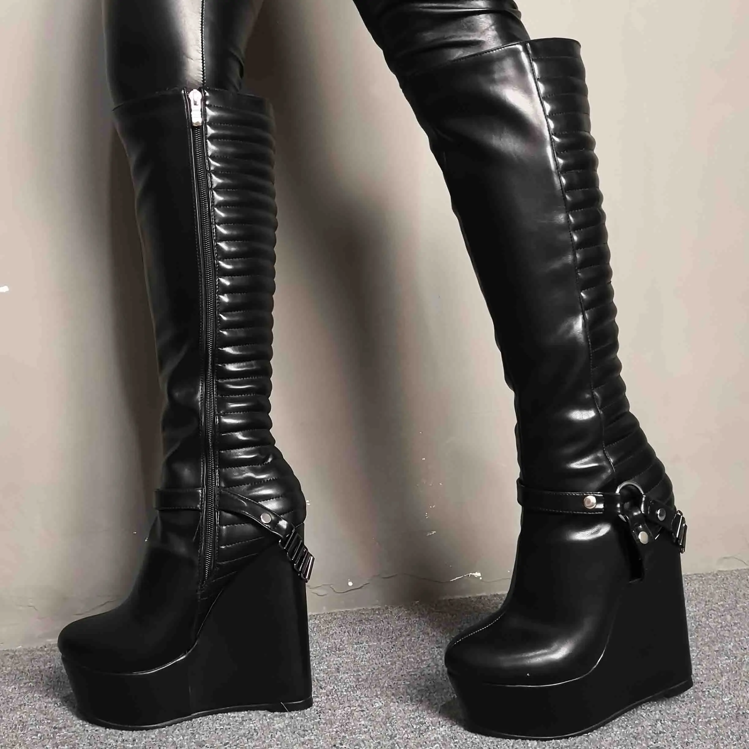 Original Intention Stylish Women Boots Platform wedge High Heels Boots Round Toe Elegant Black Zip Shoes Women Size 4-15 - Цвет: EF7342 Black