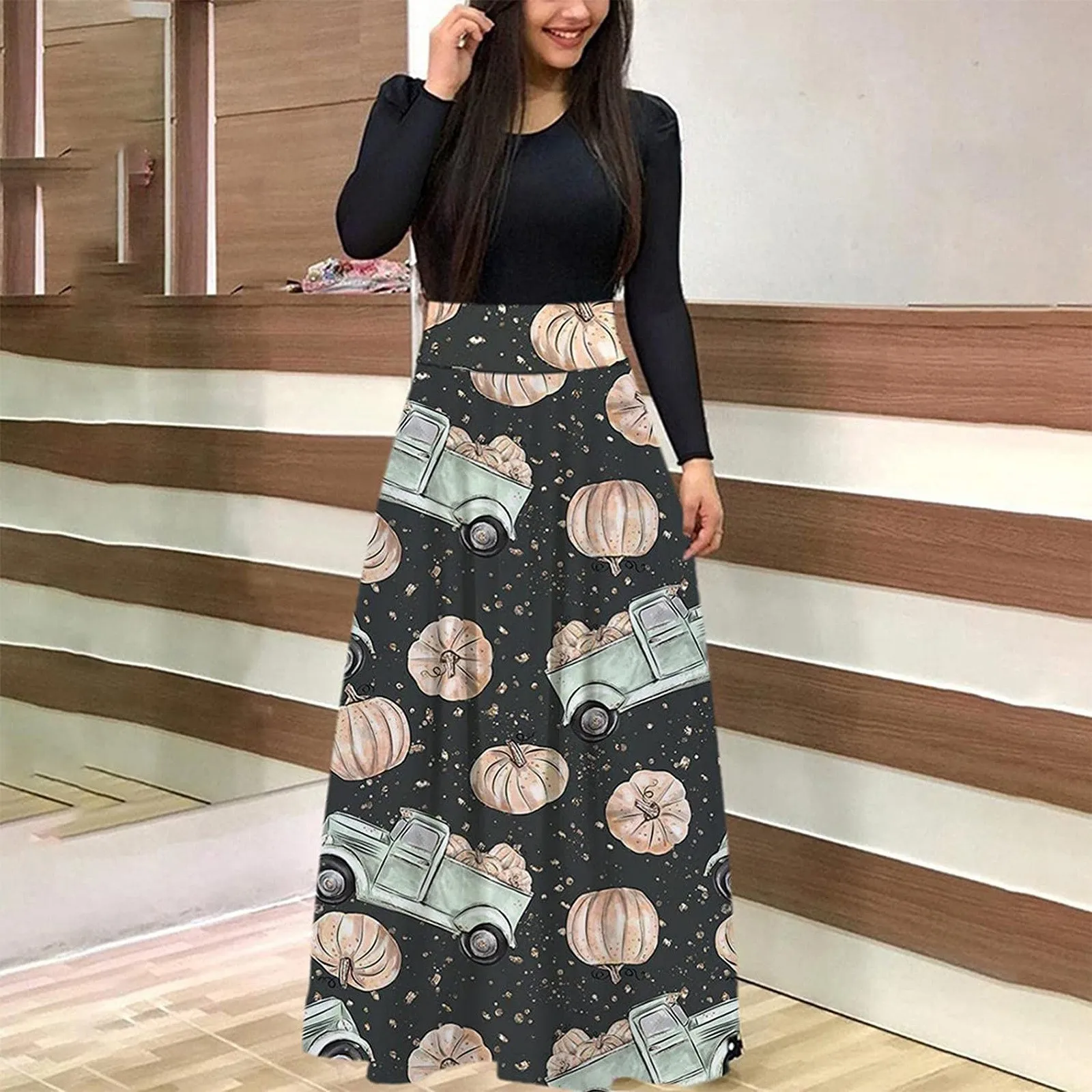 Womens Halloween Dresses Vintage Print Loose Long-sleeved O-neck Dress High Waist Wedding Holiday Party Splice Maxi Dresses 2