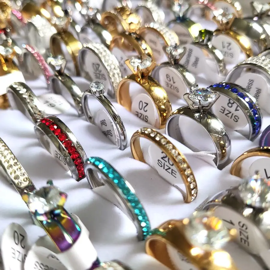 30pcs/lot Luxury Zircon Mixed Stainless Steel CZ Wedding Band Rings Men Women Engagement Classic Finger Ring Lovers Jewelry 2