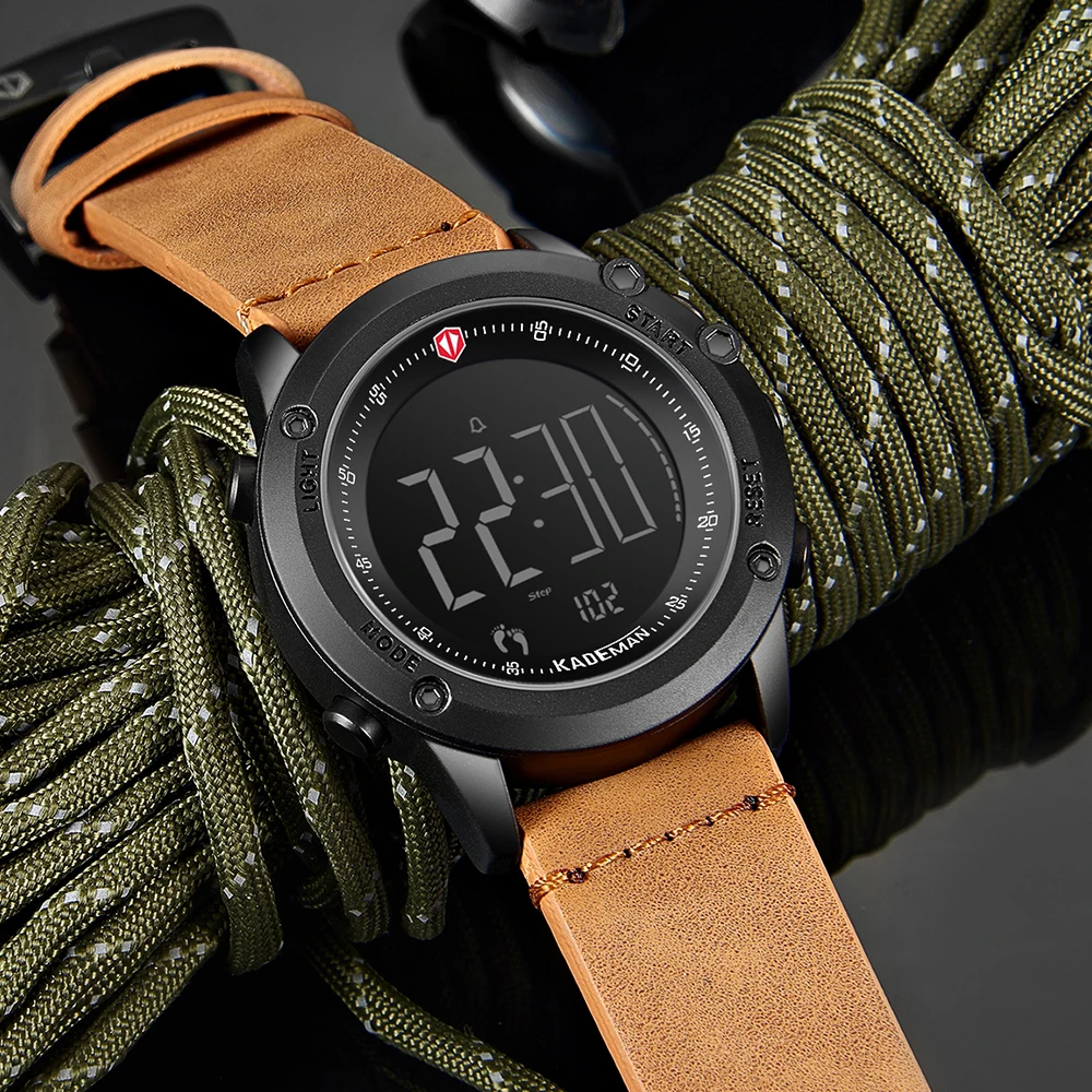 

KADEMAN TOP Brand Mens Watch Relogio ma Military Army LCD Backlight Display Multifunction Outdoor Sports Leather Strap Watch Men