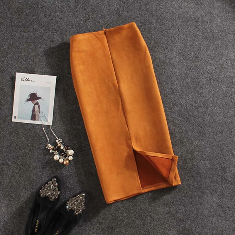 NiceMix/весенне-осенняя Женская Формальная Однотонная юбка-карандаш с разрезом, тонкая Осенняя замшевая юбка-карандаш длиной до колена, стрейч-юбки