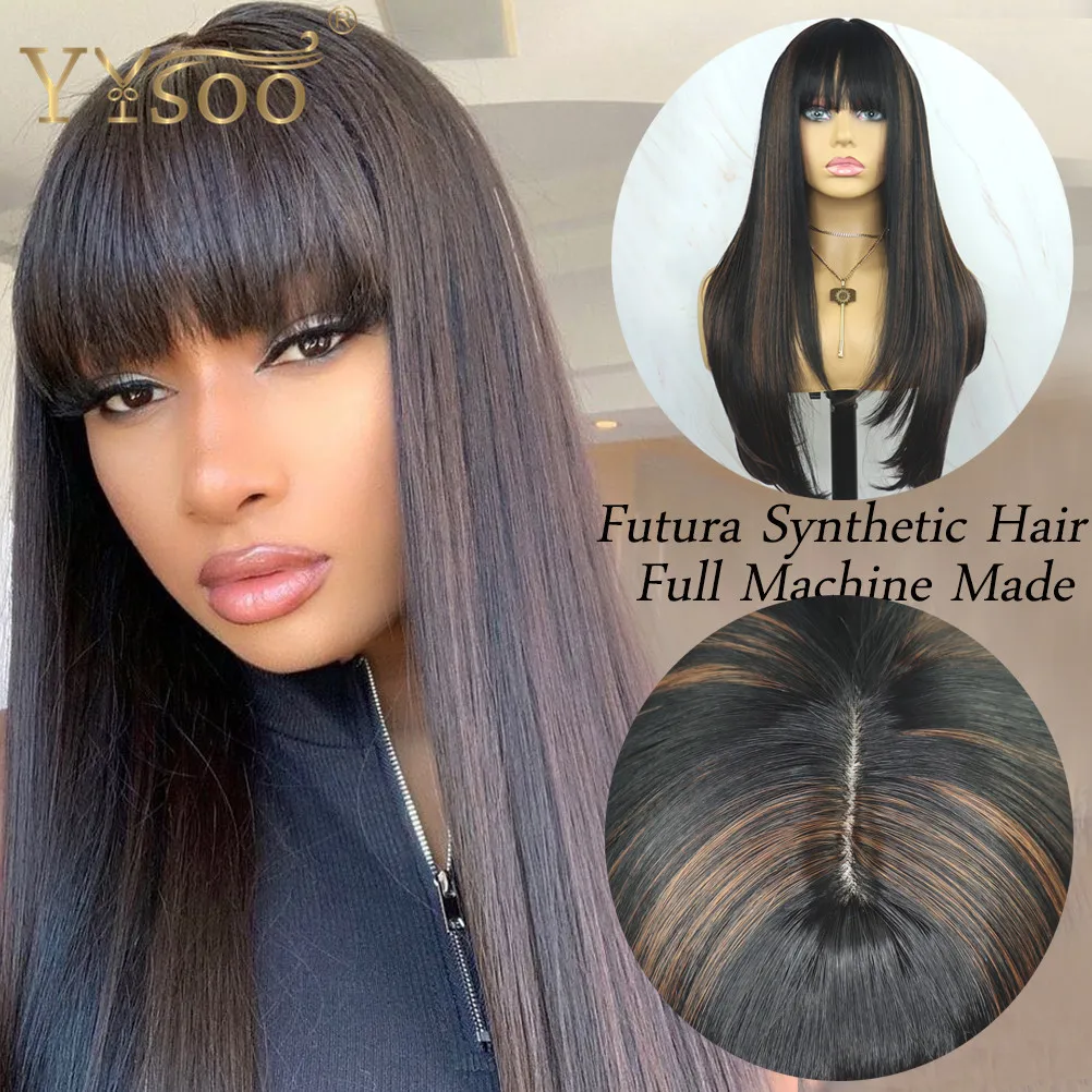 

YYsoo #1Highlights #30 Color Long Silky Straight Futura Synthetic Full Machine Made Wig With Bangs Natural Hairline No Lace Wig