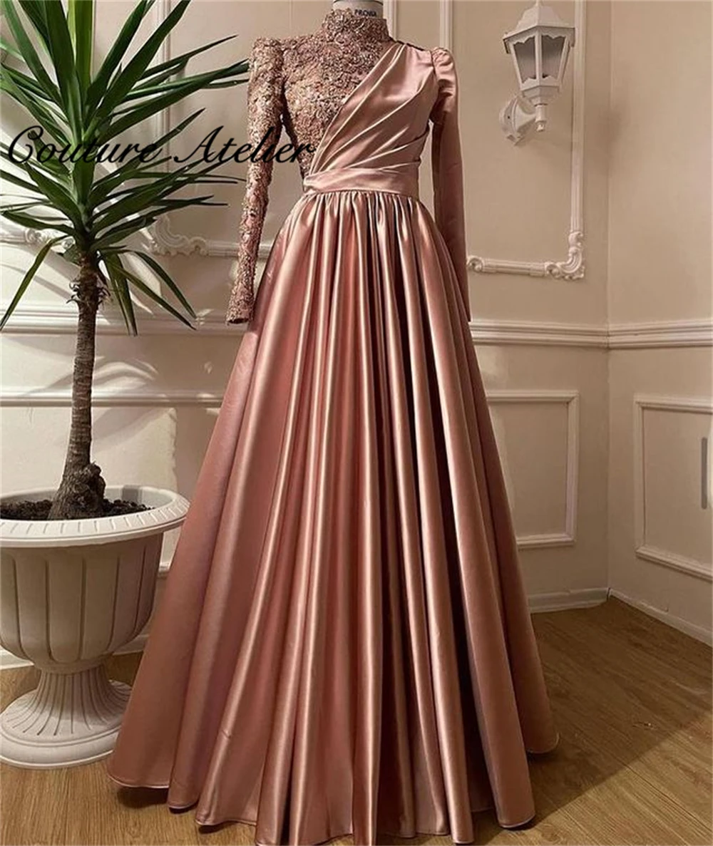 Beaded Muslim Evening Dresses Long Sleeve Tukey Dubai Prom Dresses High Neck Islamic Gown Formal
