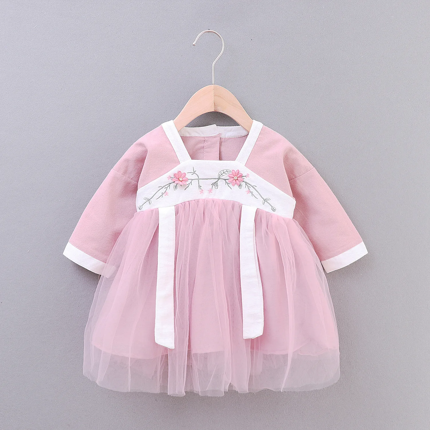 

Children's Wear Chinese Baby's Long-sleeved Hanfu Mesh Dress for 1234-year-old Girls