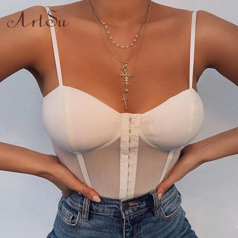 Artsu sin espalda Sexy corpiño de malla corsé Bodi sin mangas de verano mujeres pura es Bodysuits 2020 verano Tops mujer ASJU60816