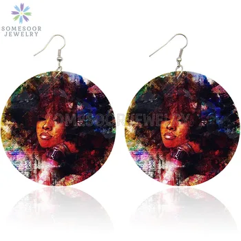

SOMESOOR Black Arts Painting Wooden Drop Earrings Afro Natural Hair Drawings Design Wood Dangle Loops Jewelry For Women Gifts
