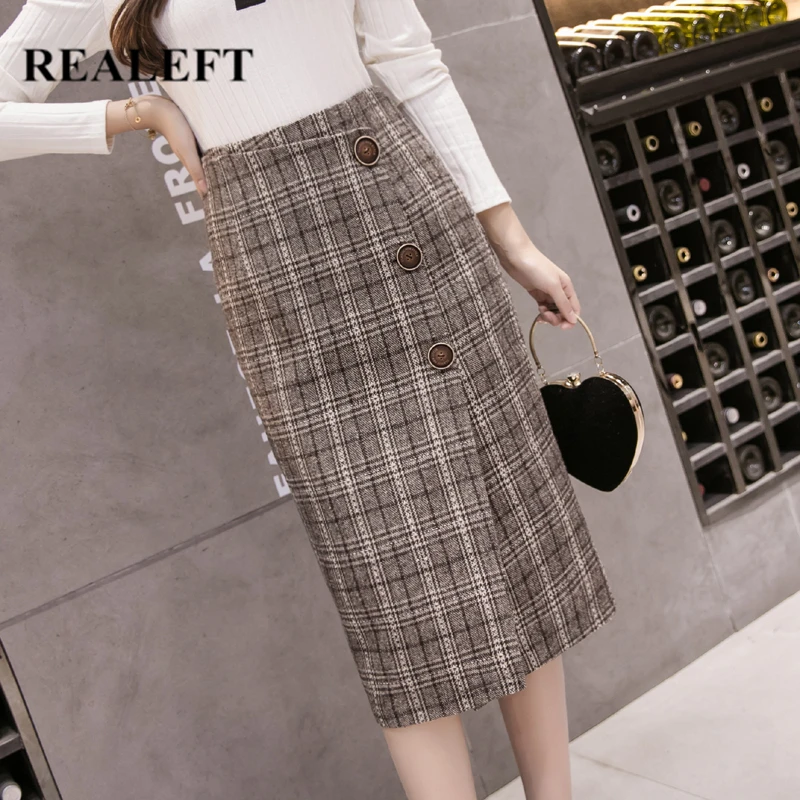 REALEFT Autumn Winter Vintage Woolen Plaid Midi Skirts High Waist Sheath Pencil Knee-Length Wrap Skirts Female New