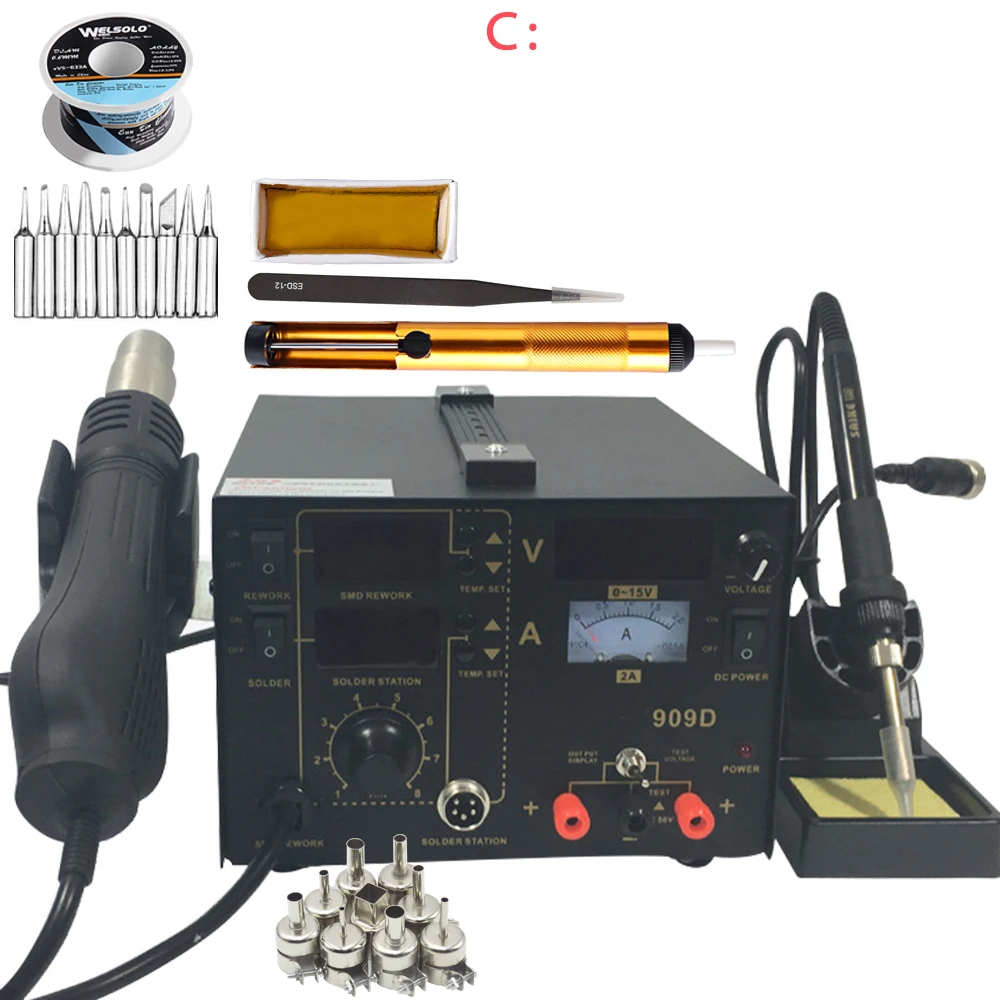 Высокая qualkity 909D паяльник+ горячий воздух пистолет 3 в 1 пистолеты горячего воздуха паяльная станция питания многофункциональная паяльная станция