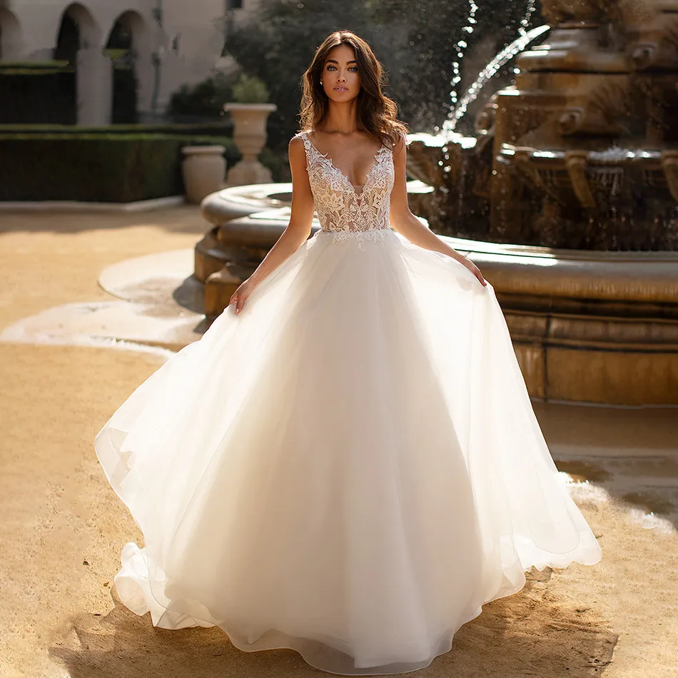 

Backless Vestido De Noiva Muslim Wedding Dresses A-line V-neck Tulle Lace Beaded Cheap Beach Wedding Gown Bridal Dresses