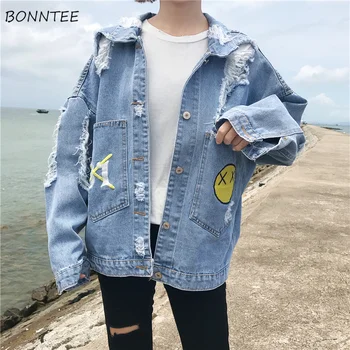 

Jackets Women Denim Ripped Streetwear Face Printed Pockets Leisure Loose Jacket Womens BF Simple All-match Outerwear Chic Female