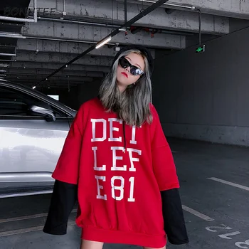 

Hoodies Women Letter Printed Patchwork Harajuku Korean Oversize Hoodie Womens Winter Thicker Plus Velvet Warm Long Sleeves Tops