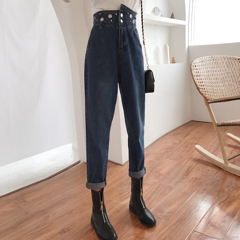 

Beading Harem Jeans Women Winter High Waist Irregular Denim Pants Female Autumn Street Wear Trouser Pencil Jeans Plus Size Black