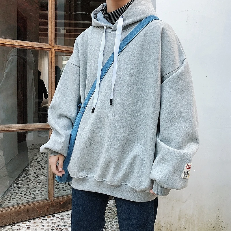 Autumn Korean Men's Long-sleeved European And American Solid Color Fashion Hooded Fleece Pullover Large Size - Цвет: gray