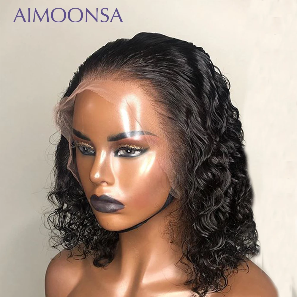 

Water Wave Lace Front Wig Curly Human Hair Wig Short Bob Wigs Natural Hairline Raw Indian Hair Remy Aimoonsa