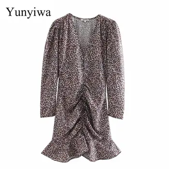 

2020 Women's Pleated Decorative Printed Dress Women Sexy Dresses Long Sleeve Midi Dress Elegant Clothes Vestidos