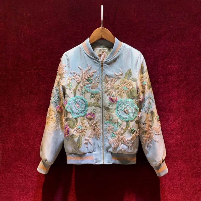 

New Embroidery nail beads outfit high-end jacquard coat temperament baseball uniform jacket female western restoring ancient