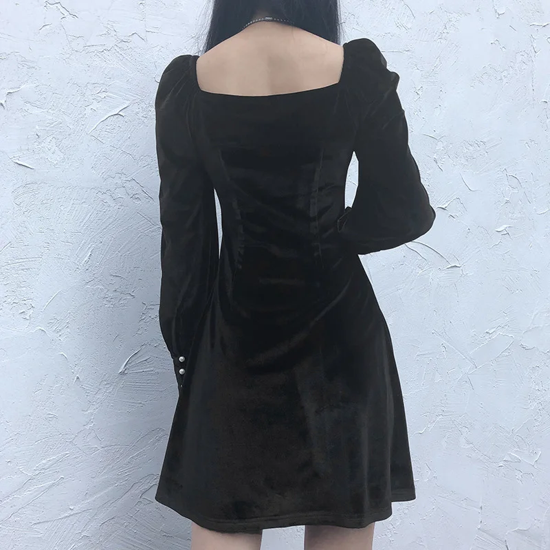 Fitshinling винтажное готическое бархатное платье для женщин, темное ТРАПЕЦИЕВИДНОЕ зимнее гранж тонкое платье с длинным рукавом, черные панковские платья, новинка