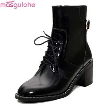 

Masgulahe 2020 New Brand simple ankle boots genuine leather solid black casual shoes fashion lace up winter women boots