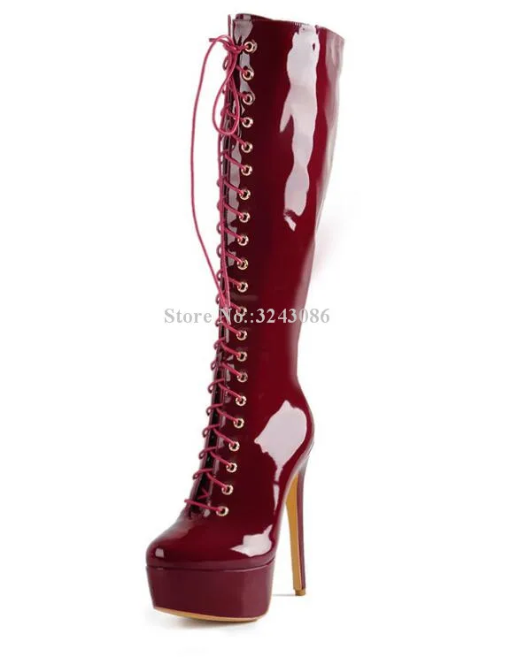 patent leather Модные сапоги до колена на платформе со шнуровкой новые женские кожаные высокие сапоги на шпильке белого, винного, красного, черного цвета женская обувь больших размеров - Цвет: patent leather