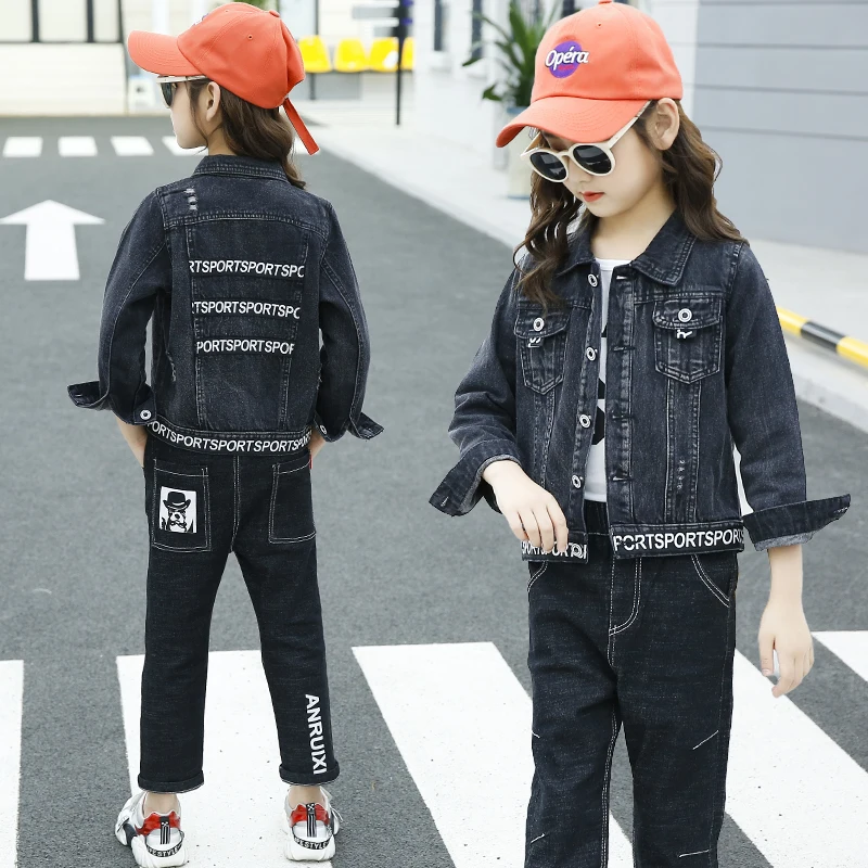 Letter Design Children Kids Girls Designer Clothes 2 Piece Set Black Denim Clothing Jacket Unisex  Long Jeans Pants Outfit