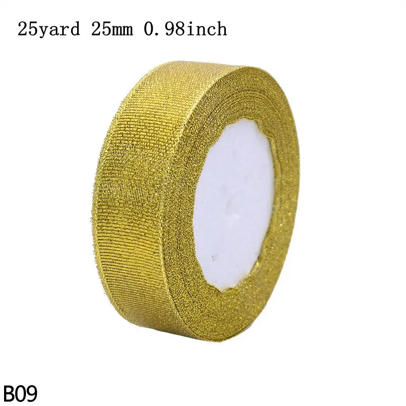 B09-gold-25mm 25 ярдов 10/15/20/25 мм Блестящий золотистый Серебристый шелковый атлас органза лента для Одежда для свадьбы, дня рождения торт подарочная упаковка лук ленты - Цвет: B09-gold-25mm