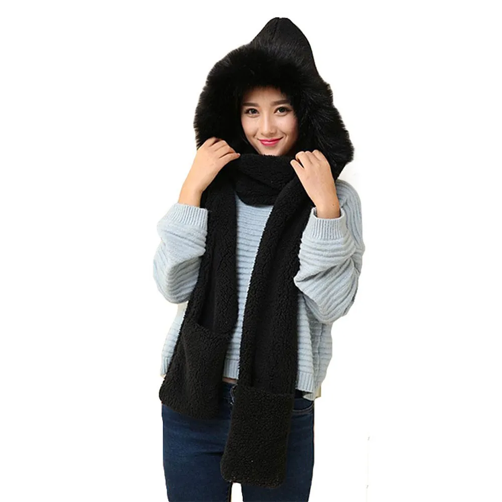 

Women Faux Fur Hat Scarf Gloves Solid Beanie Warm winter accessories Keep Warm Hat Gloves Pocket czapka i komin sea4