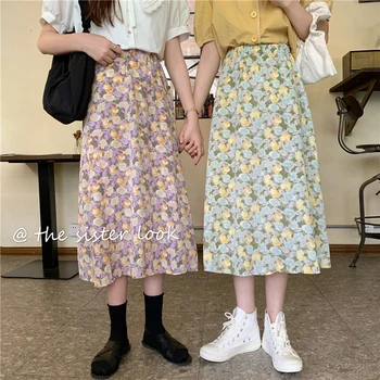 

Vintage Floral Print Ruffle Chiffon Pleated Long Skirts Women Korean Skirt Streetwear Drawstring Elastic Waist Midi Skirt