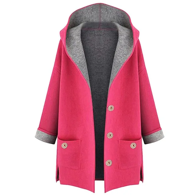

Plus Size Buttons Wool Coat Women Casual 4Xl 5Xl Long Sleeve Autumn Winter Hooded Wool Blends Outerwear Oversize Trench Coat